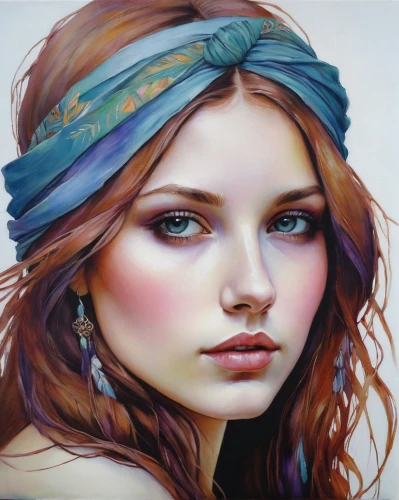 boho art,watercolor women accessory,fantasy portrait,girl portrait,fantasy art,headscarf,world digital painting,digital painting,young woman,art painting,gypsy soul,mystical portrait of a girl,watercolor pencils,headdress,faery,bohemian,oil painting,oil painting on canvas,boho,photo painting,Illustration,Realistic Fantasy,Realistic Fantasy 30