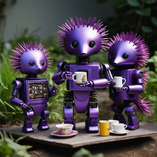 verbena family,violet family,acai brazil,nettle family,coffee break,tea time,passion flower family,robots,hedgehogs,plug-in figures,tea party,tea drinking,teatime,the dawn family,iris family,nightshade family,bellflower family,anthropomorphized animals,tea set,purple dahlias,Unique,3D,Toy