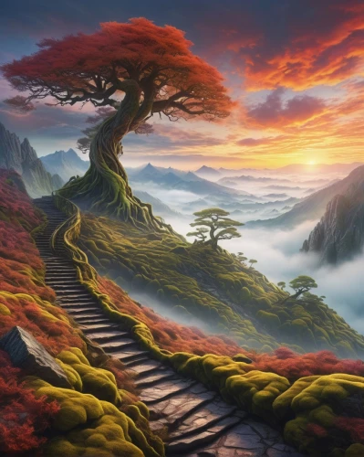 fantasy landscape,colorful tree of life,tree top path,dragon tree,fantasy picture,tree of life,mountain landscape,lone tree,red tree,volcanic landscape,landscape background,flourishing tree,nature landscape,the mystical path,magic tree,mushroom landscape,high landscape,burning bush,mountain sunrise,mountain scene,Conceptual Art,Daily,Daily 16