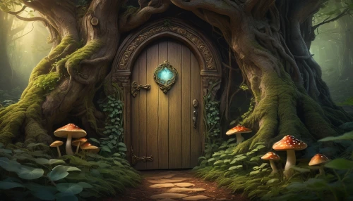 fairy door,fairy house,keyhole,enchanted forest,druid grove,wooden door,fairy forest,the threshold of the house,knothole,the door,elven forest,mushroom landscape,witch's house,fairy village,fantasy picture,devilwood,threshold,fairytale forest,creepy doorway,fantasy art,Illustration,Realistic Fantasy,Realistic Fantasy 41