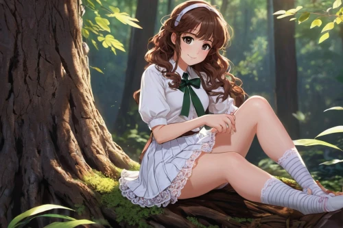 forest background,mikuru asahina,euphonium,in the forest,forest clover,miku maekawa,chestnut forest,wooden bench,girl sitting,sitting,fir forest,spring background,forest,wood background,country dress,sitting on a chair,girl with tree,honmei choco,green forest,cocoa,Unique,Design,Character Design