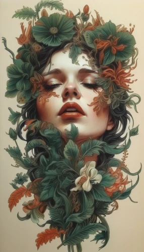 girl in a wreath,flora,medusa,laurel wreath,dryad,wreath of flowers,kahila garland-lily,golden wreath,green wreath,ivy,rose wreath,floral wreath,artemisia,blooming wreath,datura,poison ivy,wreath,natura,peacock,siren,Illustration,Paper based,Paper Based 17