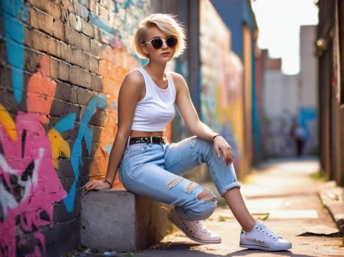 wallis day,cool blonde,street fashion,girl in t-shirt,ripped jeans,women fashion,fashion street,fashionable girl,blonde girl,jeans background,blonde woman,on the street,skater,women clothes,pixie-bob,female model,sporty,skinny jeans,brick wall background,sunglasses,Art,Classical Oil Painting,Classical Oil Painting 32