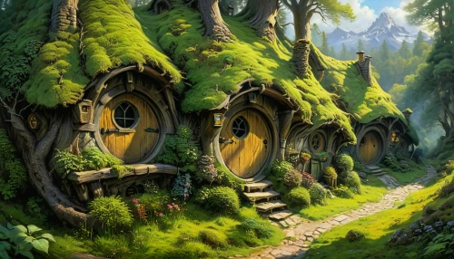 house in the forest,fairy village,fairy house,hobbiton,hobbit,elven forest,druid grove,fairy door,fairy forest,fairytale forest,mushroom landscape,home landscape,fantasy landscape,tree house,mountain settlement,enchanted forest,fantasy art,witch's house,treehouse,fantasy picture,Illustration,Realistic Fantasy,Realistic Fantasy 03