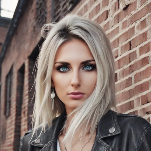 cool blonde,blonde woman,leather jacket,blonde girl,short blond hair,blond girl,brick wall background,attractive woman,denim background,blond hair,rock beauty,bylina,blonde hair,long blonde hair,brick background,layered hair,beautiful model,beautiful young woman,femme fatale,female model,Photography,Commercial