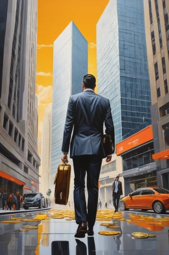 abstract corporate,wall street,white-collar worker,stock exchange broker,oil painting on canvas,briefcase,corporate,business world,businessman,stock broker,pedestrian,financial world,banker,advertising figure,man with umbrella,stock trader,walking man,oil on canvas,travel poster,african businessman,Illustration,Realistic Fantasy,Realistic Fantasy 24