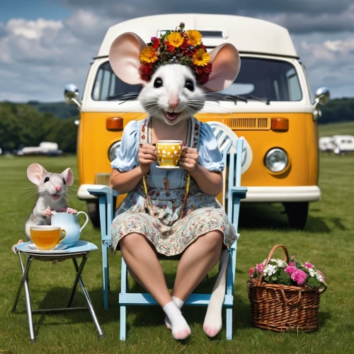 animals play dress-up,whimsical animals,summer fair,campervan,anthropomorphized animals,vwbus,circus animal,ice cream van,alfresco,flower animal,caravanning,picnic,rving,woman with ice-cream,easter festival,camper van,ice cream stand,peter rabbit,midsummer,dormobile