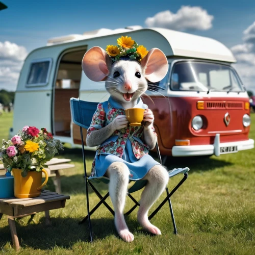 campervan,animals play dress-up,whimsical animals,musical rodent,anthropomorphized animals,caravanning,camper van,vintage mice,circus animal,alfresco,camping car,midsummer,vwbus,flower animal,camping,flower car,american snapshot'hare,summer fair,easter festival,lawn ornament