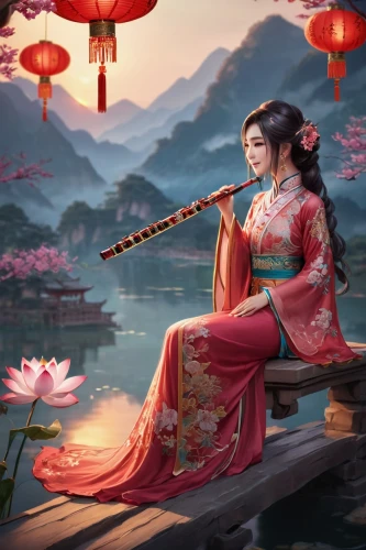 bamboo flute,chinese art,mulan,oriental painting,oriental princess,traditional chinese musical instruments,wuchang,erhu,yi sun sin,the flute,geisha,flute,spring festival,geisha girl,woman playing violin,oriental girl,oriental,shamisen,beautiful girls with katana,asian culture,Illustration,Vector,Vector 16