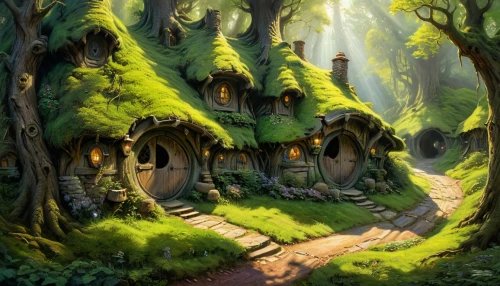 house in the forest,fairy house,fairy village,tree house,elven forest,witch's house,druid grove,fairy forest,hobbiton,treehouse,mushroom landscape,enchanted forest,fairytale forest,fantasy landscape,forest glade,home landscape,tree house hotel,little house,forest path,green forest,Illustration,Realistic Fantasy,Realistic Fantasy 03