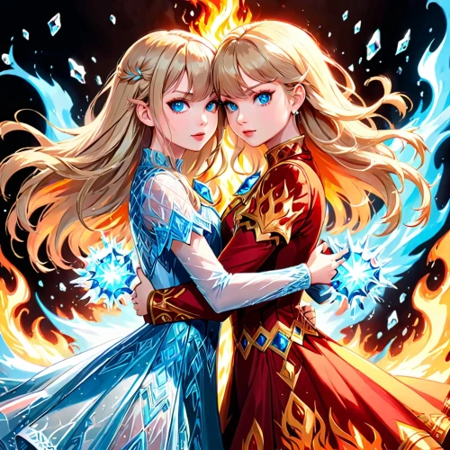 angel and devil,fire and water,red and blue,dancing flames,fire background,fire flakes,flame spirit,angels of the apocalypse,christmas angels,alibaba,darjeeling,princesses,fire dance,two girls,two hearts,gemini,fairytale characters,explosion,hand in hand,spark fire,Anime,Anime,General