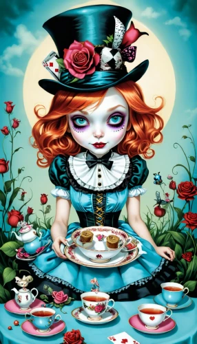 alice in wonderland,alice,tea party,tea party collection,wonderland,queen of hearts,tea party cat,teacup,pierrot,girl with cereal bowl,hatter,calaverita sugar,porcelain rose,tumbling doll,marionette,porcelaine,porcelain dolls,doll kitchen,ringmaster,tea rose,Illustration,Abstract Fantasy,Abstract Fantasy 10