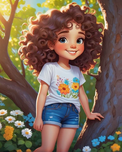merida,girl in flowers,girl in t-shirt,girl with tree,kids illustration,digital painting,linden blossom,beautiful girl with flowers,cute cartoon character,girl in the garden,girl picking flowers,agnes,moana,daisy flowers,girl portrait,world digital painting,springtime background,cute cartoon image,daisy flower,colorful daisy,Illustration,Abstract Fantasy,Abstract Fantasy 02