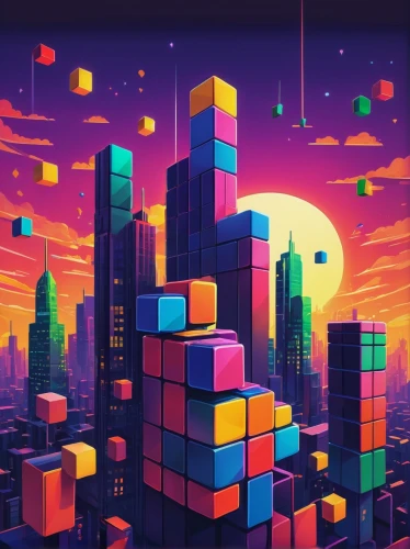 tetris,colorful city,cubes,cityscape,pixel cube,cubic,cube background,fantasy city,rubik,city blocks,blocks,magic cube,80's design,metropolis,pixels,city skyline,retro background,pixel cells,ball cube,building block,Art,Artistic Painting,Artistic Painting 21
