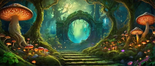 fairy forest,mushroom landscape,fairy village,elven forest,fairy world,enchanted forest,fairytale forest,druid grove,fairy house,forest of dreams,fantasy picture,mushroom island,fantasy landscape,cartoon forest,forest path,forest glade,holy forest,the mystical path,the forest,garden of eden,Illustration,Retro,Retro 13