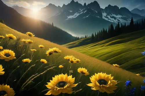 alpine meadow,sunflower field,mountain meadow,meadow landscape,summer meadow,alpine meadows,helianthus sunbelievable,alpine flowers,the valley of flowers,sun flowers,sunflowers,full hd wallpaper,dandelion meadow,meadow,flower field,dandelion field,flowering meadow,flower meadow,woodland sunflower,field of flowers