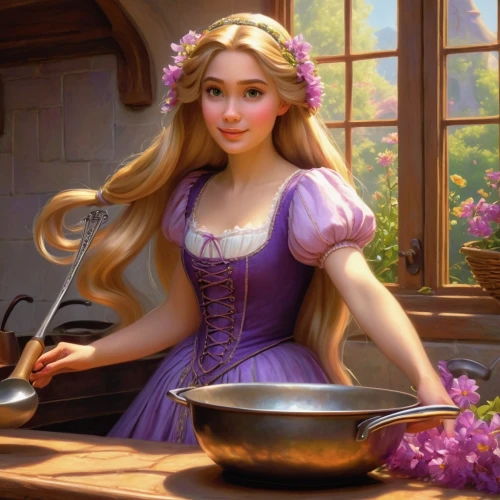 rapunzel,cinderella,princess anna,girl in the kitchen,girl with cereal bowl,princess sofia,queen of puddings,la violetta,fairy tale character,elsa,cg artwork,woman holding pie,tiana,disney character,viola,beautiful girl with flowers,tangled,a princess,dwarf cookin,disney rose,Illustration,Realistic Fantasy,Realistic Fantasy 03