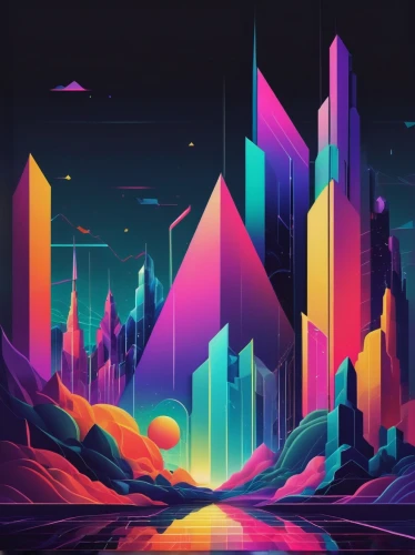 futuristic landscape,colorful city,abstract retro,cityscape,80's design,metropolis,triangles background,neon arrows,fantasy city,gradient effect,low poly,low-poly,colorful background,panoramical,colorful foil background,vast,polygonal,isometric,art deco background,geometric,Art,Artistic Painting,Artistic Painting 27