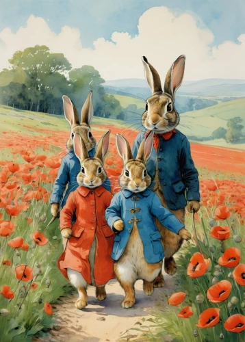 peter rabbit,hare field,poppy family,hares,rabbits and hares,rabbit family,female hares,hare trail,rabbits,hare coursing,fox and hare,easter rabbits,bunnies,children's background,gray hare,leveret,poppy fields,poppy field,field hare,american snapshot'hare,Illustration,Paper based,Paper Based 19