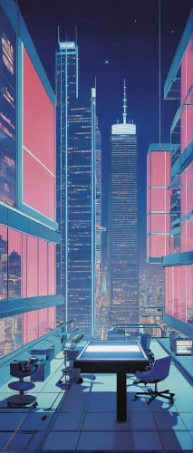 shinjuku,tokyo city,cityscape,tokyo,evening city,skyline,cyberspace,high-rises,futuristic landscape,cyberpunk,city at night,sky city,fantasy city,modern office,skyscrapers,skyscraper,offices,odaiba,city skyline,desk,Illustration,Retro,Retro 18