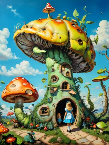 mushroom landscape,alice in wonderland,fairy village,fairy world,mushroom island,wonderland,fantasy world,fantasy art,3d fantasy,fairy house,toadstools,fantasy city,toadstool,alice,fairy chimney,dream world,children's fairy tale,fairy forest,studio ghibli,fantasy picture