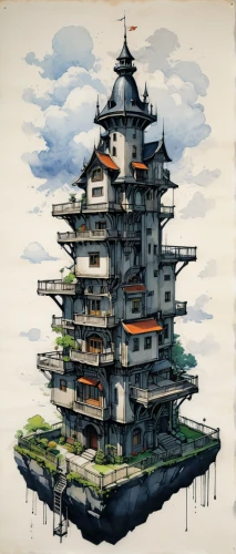 japanese architecture,asian architecture,chinese architecture,stone pagoda,pagoda,animal tower,floating island,bird tower,stilt houses,floating islands,tower of babel,hashima,floating huts,japan landscape,japanese art,bird kingdom,roof landscape,fortress,cool woodblock images,artificial island,Illustration,Japanese style,Japanese Style 10