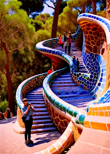 park güell,winding steps,water stairs,gaudí,colorful spiral,icon steps,steps,stairs,helix,monaco,stairway,stone stairs,dubai miracle garden,staircase,spiral,stair,spiral staircase,winding staircase,climbing garden,outside staircase,Illustration,Realistic Fantasy,Realistic Fantasy 05