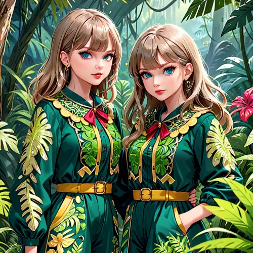 tropical birds,lilies of the valley,tropical greens,twin flowers,kimonos,palm lilies,elves,forest background,forest workers,palmtrees,clover jackets,green trees,two girls,forest clover,rainforest,tropical animals,fairies,green forest,green plants,apple pair,Anime,Anime,General