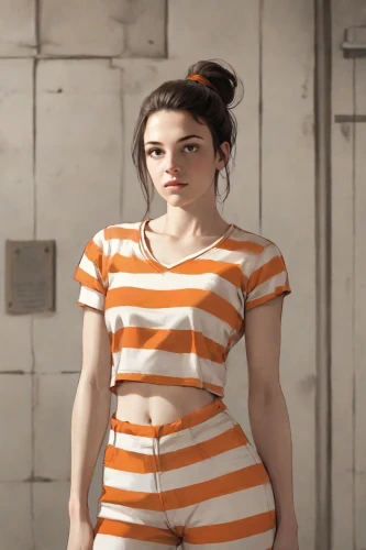 horizontal stripes,girl in overalls,striped background,see-through clothing,character animation,striped,clementine,overalls,stripes,clove,mime artist,mime,jumpsuit,pajamas,croft,female model,one-piece garment,digital compositing,retro girl,teen,Digital Art,Comic
