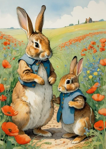 peter rabbit,hares,rabbits and hares,female hares,rabbits,rabbit family,easter rabbits,hare field,bunnies,fox and hare,leveret,hare trail,audubon's cottontail,poppy family,whimsical animals,easter card,two tulips,picking flowers,springtime background,a collection of short stories for children,Illustration,Paper based,Paper Based 19