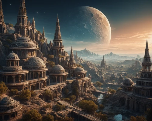 fantasy landscape,fantasy city,fantasy world,ancient city,3d fantasy,fantasy picture,alien planet,lunar landscape,futuristic landscape,alien world,dream world,fantasy art,copernican world system,moon valley,terraforming,full hd wallpaper,arcanum,the ancient world,heroic fantasy,imperial shores,Photography,General,Fantasy