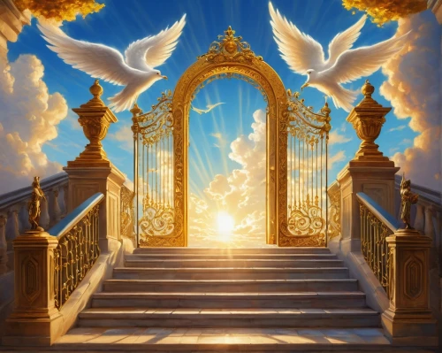 heaven gate,heavenly ladder,stairway to heaven,angel playing the harp,portal,gateway,hall of the fallen,stairway,gates,fantasy picture,harp of falcon eastern,golden border,frame border illustration,the threshold of the house,gate,victory gate,archway,angel bridge,doves of peace,iron gate,Art,Classical Oil Painting,Classical Oil Painting 08