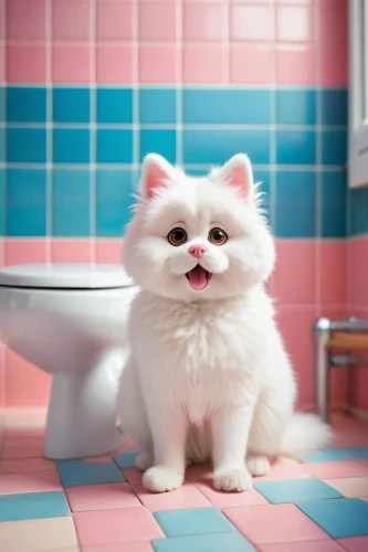 cute cat,pomeranian,pink cat,bichon frisé,funny cat,bidet,japanese spitz,litter box,white cat,kurilian bobtail,indian spitz,german spitz mittel,toilet,samoyed,birman,german spitz,taking a bath,bathtub spout,baby bathing,cat image,Illustration,Paper based,Paper Based 17