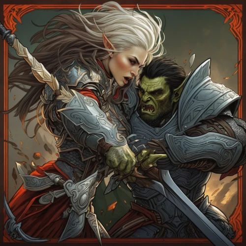 warrior and orc,orc,half orc,dane axe,blade of grass,heroic fantasy,massively multiplayer online role-playing game,game illustration,aaa,cleanup,alliance,male elf,vidraru,female warrior,sterntaler,dark elf,blades of grass,yuvarlak,custom portrait,fantasy portrait,Illustration,Realistic Fantasy,Realistic Fantasy 12