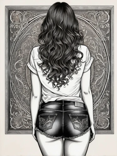 tattoo girl,chalk drawing,belt buckle,woman's backside,vintage drawing,blue jeans,paisley,cd cover,line-art,girl from behind,pencil drawings,ink painting,boho art,croft,high jeans,handdrawn,hand-drawn illustration,clary,line art,henna frame,Illustration,Black and White,Black and White 03