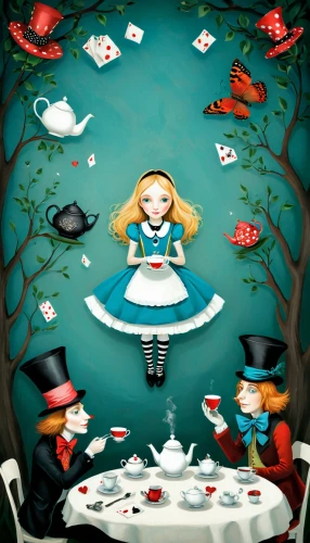alice in wonderland,alice,wonderland,tea party,doll kitchen,tea party collection,fairy tale character,marionette,queen of hearts,children's fairy tale,game illustration,fairy tales,fairy tale,magician,hatter,fairytale characters,tearoom,tumbling doll,fairy tale icons,tea card,Illustration,Abstract Fantasy,Abstract Fantasy 02