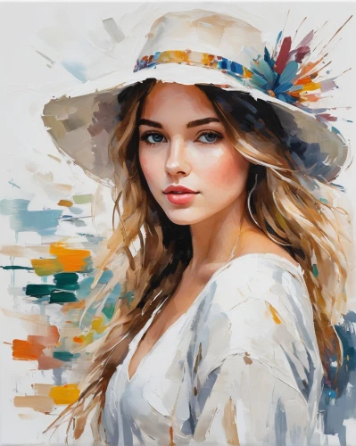 girl wearing hat,straw hat,sun hat,art painting,boho art,high sun hat,panama hat,yellow sun hat,the hat-female,photo painting,woman's hat,watercolor women accessory,painting technique,girl portrait,oil painting,fashion vector,italian painter,oil painting on canvas,summer hat,painter,Conceptual Art,Oil color,Oil Color 10