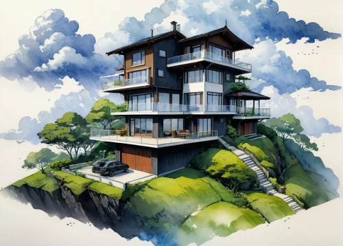 japanese architecture,floating island,sky apartment,stilt house,studio ghibli,cubic house,house in mountains,asian architecture,stilt houses,tree house,tropical house,house with lake,house in the mountains,wooden house,house by the water,modern house,hanging houses,house painting,residential tower,chinese architecture,Illustration,Japanese style,Japanese Style 10