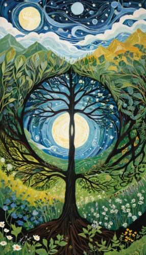 celtic tree,tree of life,the branches of the tree,mother earth,spring equinox,circle around tree,magic tree,the branches,flourishing tree,indigenous painting,shamanism,tree grove,sacred fig,vincent van gough,sun and moon,the trees,starry night,solstice,david bates,forest tree,Illustration,Black and White,Black and White 15