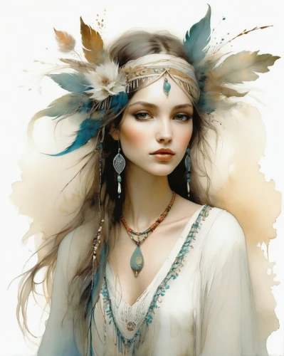 feather headdress,indian headdress,headdress,native american,american indian,feather jewelry,boho art,pocahontas,faery,cherokee,white feather,faerie,shamanism,shamanic,fantasy art,the american indian,native,mystical portrait of a girl,ancient egyptian girl,buckskin,Illustration,Realistic Fantasy,Realistic Fantasy 16