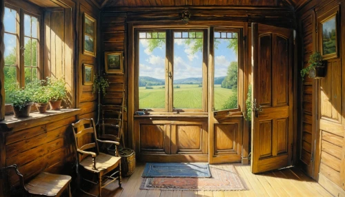 wooden windows,the threshold of the house,open door,wood window,home door,danish room,cabin,open window,wooden door,pantry,bay window,home landscape,country cottage,porch,garden shed,bedroom window,cabinetry,french windows,armoire,the window,Illustration,Realistic Fantasy,Realistic Fantasy 03