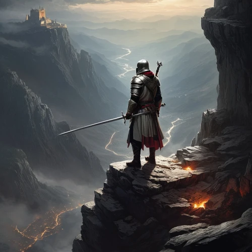 heroic fantasy,lone warrior,fantasy picture,the wanderer,guards of the canyon,fantasy art,world digital painting,king sword,mountain guide,witcher,king arthur,torch-bearer,swordsman,fantasy landscape,adventurer,wanderer,samurai,excalibur,wall,fantasy warrior,Conceptual Art,Fantasy,Fantasy 11