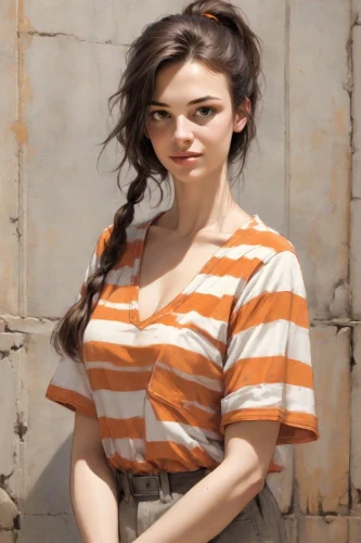 striped background,portrait background,girl in t-shirt,orange,horizontal stripes,art model,female model,orange color,cotton top,young woman,liberty cotton,retro girl,girl in cloth,photo painting,in a shirt,pretty young woman,stripes,retro woman,beautiful young woman,vintage girl,Digital Art,Comic