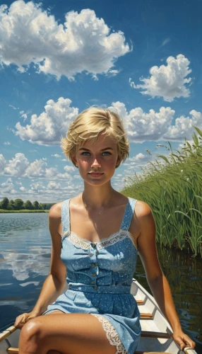 girl on the boat,the blonde in the river,girl on the river,marilyn,girl lying on the grass,blonde woman,marylyn monroe - female,girl in a long,boat landscape,girl with bread-and-butter,rowing dolle,floating on the river,paddler,young woman,row boat,surrealism,girl with a wheel,girl sitting,woman sitting,oil painting,Illustration,Realistic Fantasy,Realistic Fantasy 03