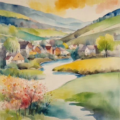 brook landscape,river landscape,watercolor,watercolor shops,rural landscape,watercolor background,watercolour,village scene,landscape,autumn landscape,watercolor painting,khokhloma painting,tulpenbüten,farm landscape,home landscape,water color,meadow in pastel,watercolor paper,spring morning,watercolor paint