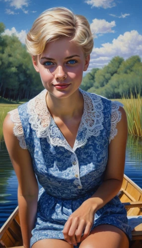the blonde in the river,girl on the boat,girl on the river,blonde woman,rowing dolle,marylyn monroe - female,girl in a long,the sea maid,girl in a historic way,girl with bread-and-butter,world digital painting,the girl's face,girl with cereal bowl,pocahontas,young woman,photo painting,girl with a wheel,painting technique,girl sitting,rowboats,Illustration,Realistic Fantasy,Realistic Fantasy 30