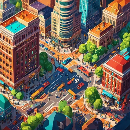 colorful city,city blocks,city corner,cityscape,business district,flatiron,flatiron building,cities,city buildings,city panorama,isometric,city highway,city,metropolis,intersection,big city,hötorget,downtown,urban,san francisco,Conceptual Art,Fantasy,Fantasy 26