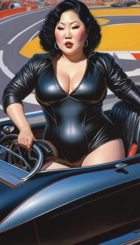 tura satana,hood ornament,dodge la femme,woman in the car,dita,fiat barchetta,motorboat sports,lotus position,muscle car cartoon,automobile hood ornament,femme fatale,pin ups,coquette,retro woman,retro women,catwoman,black beetle,sega genesis,roadster,black leather,Illustration,Realistic Fantasy,Realistic Fantasy 03