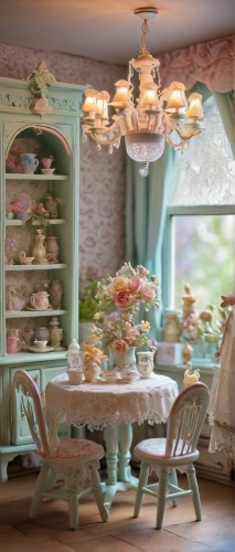 doll kitchen,tearoom,tea party collection,the little girl's room,doll house,shabby chic,shabby-chic,vintage china,china cabinet,vintage kitchen,tea service,dollhouse accessory,breakfast room,chinaware,afternoon tea,tea party,high tea,pastry shop,rococo,cake shop,Illustration,Realistic Fantasy,Realistic Fantasy 18