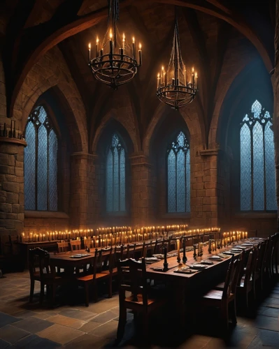 hogwarts,hall of the fallen,candlelights,dandelion hall,medieval architecture,sanctuary,medieval,haunted cathedral,castle iron market,dining room,candlemaker,crypt,the black church,stalls,wooden beams,portcullis,crown render,cloister,house of prayer,visual effect lighting,Illustration,Abstract Fantasy,Abstract Fantasy 19